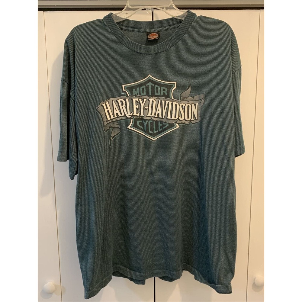 VTG 90s T Shirt XL Harley Davidson GREEN Textured Striped Charlotte, NC MADE USA